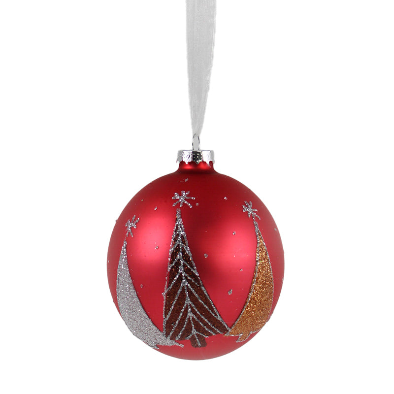 Sfera in Vetro Decoro Alberi Rosso 10 cm