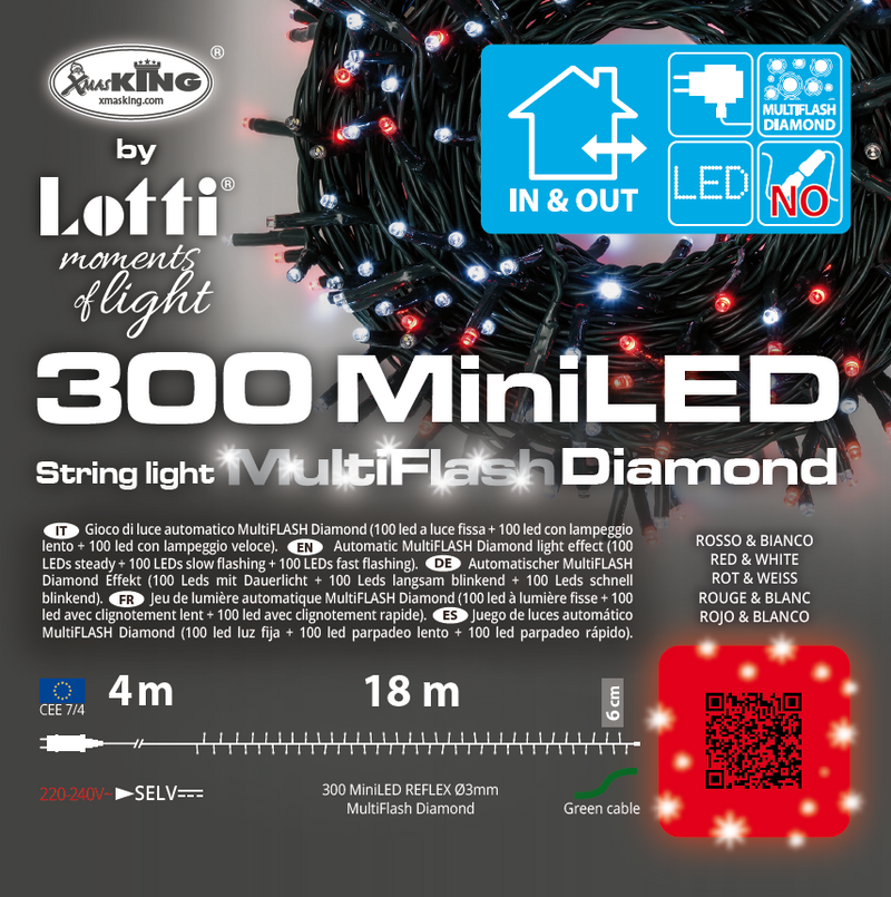 Filo Luci 300 Mini LED Multiflash Bianco e Rosso 18 mt