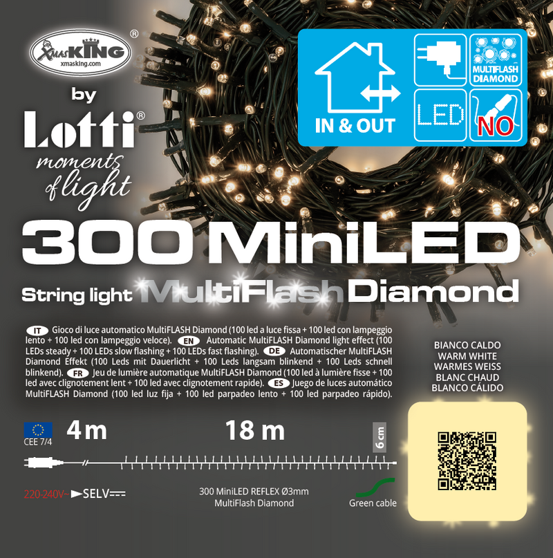 Filo Luci 300 Mini LED Multiflash Bianco e Bianco Caldo 18 mt